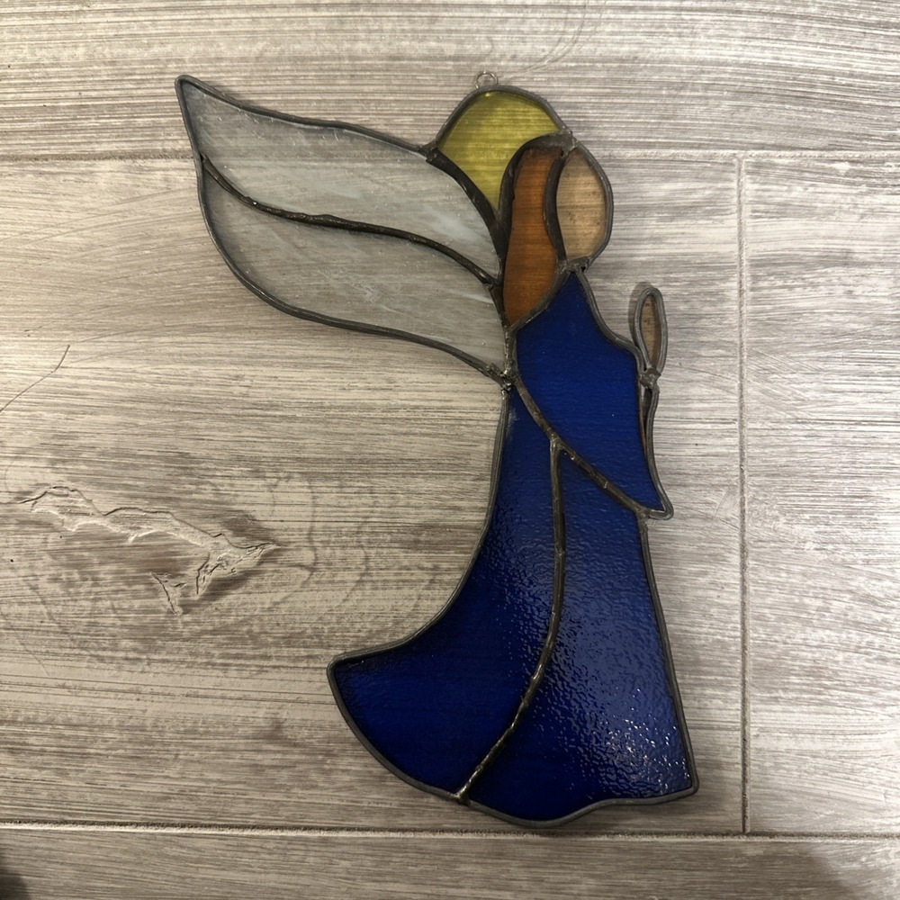 Stained Glass Praying‎ Angel Sun Catcher Christmas Vtg 9" Wings Handmade